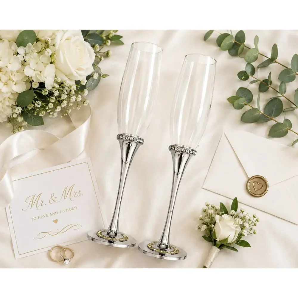 Studio His & Hers Toasting Glasses Pair Rhinestone Wedding Flutes 2010 Boxed